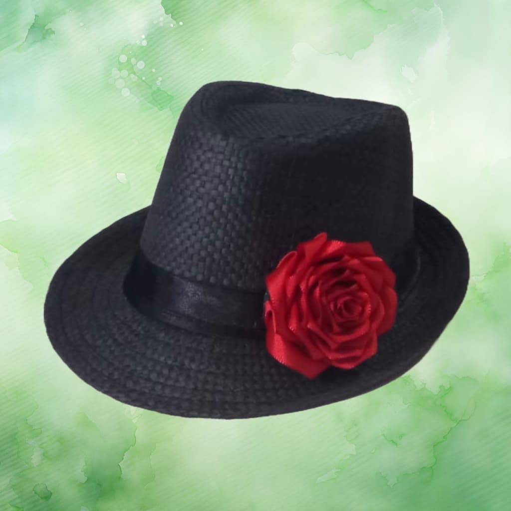 CHAPÉU POMBOGIRA - PRETO COM FITA PRETA E FLOR VERMELHA - MODELO PANAMÁ