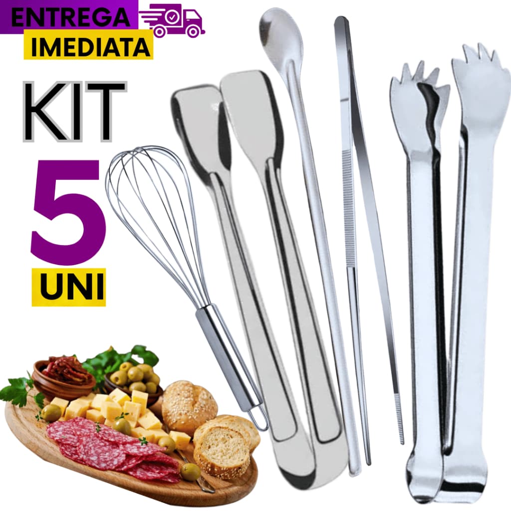 KIT 05 - Pegadores Multiuso - Pinça Culinária Fue Colher para Suco Pegador de Gelo Frios Carne Petiscos Churrasco Massas