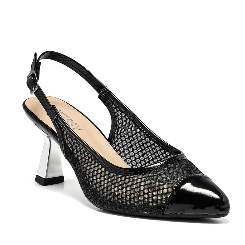 Scarpin Feminino Slingback Stessy Shoes Bico Fino Salto Taça Metalizado Tela Blogueira Confortável