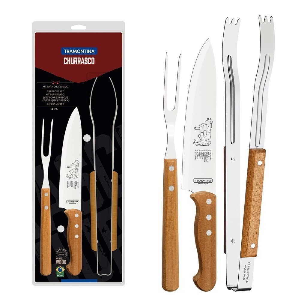 Kit Churrasco Tramontina Madeira Jogo de Faca Garfo Trinchante Pegador Inox