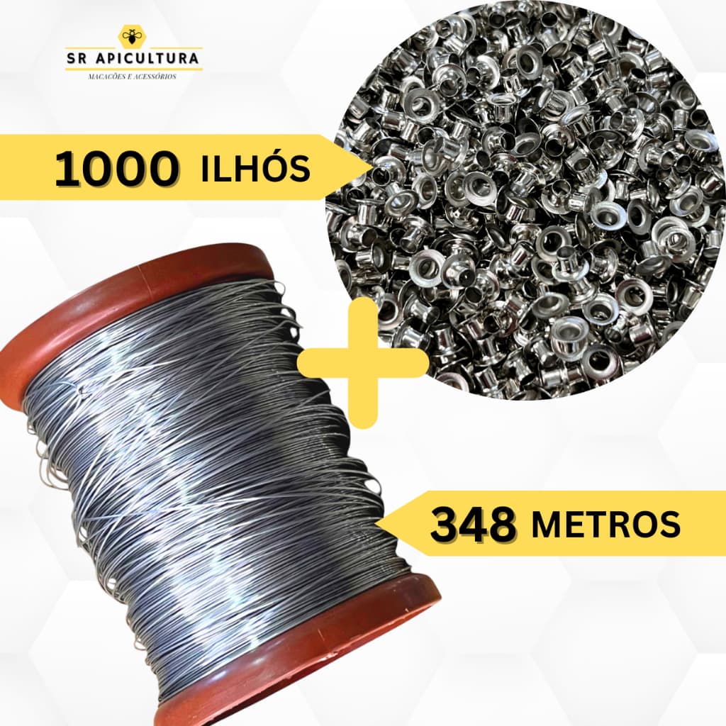 Kit Rolo Arame Aço Inox 348m + 1000 Ilhós Quadros Apicultura Caixilhos Melgueira Colmeias