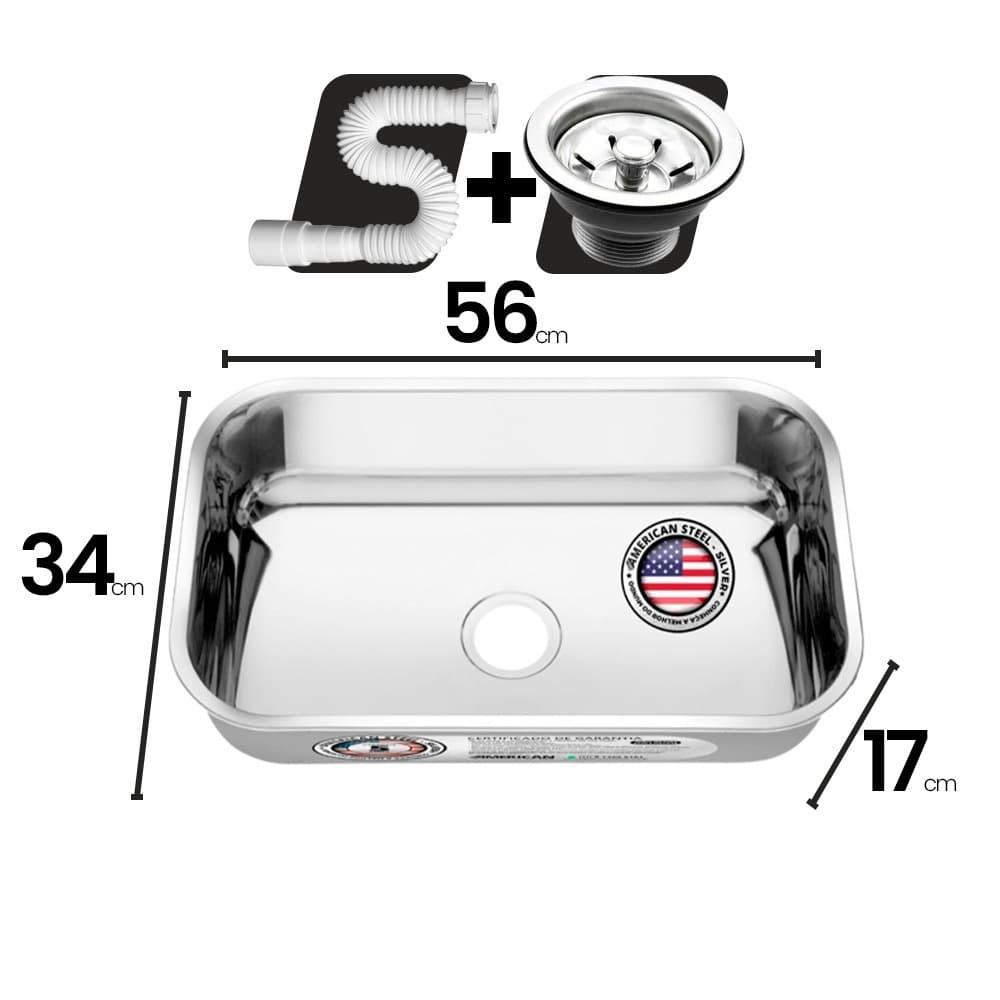 Cuba Aço Inox American Steel N°2 -17 Extra Funda 56x34x17 + Sifão + Válvula
