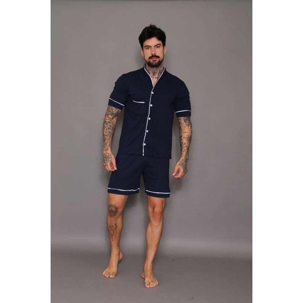 Pijama Masculino De Algodão Curto Com Botões