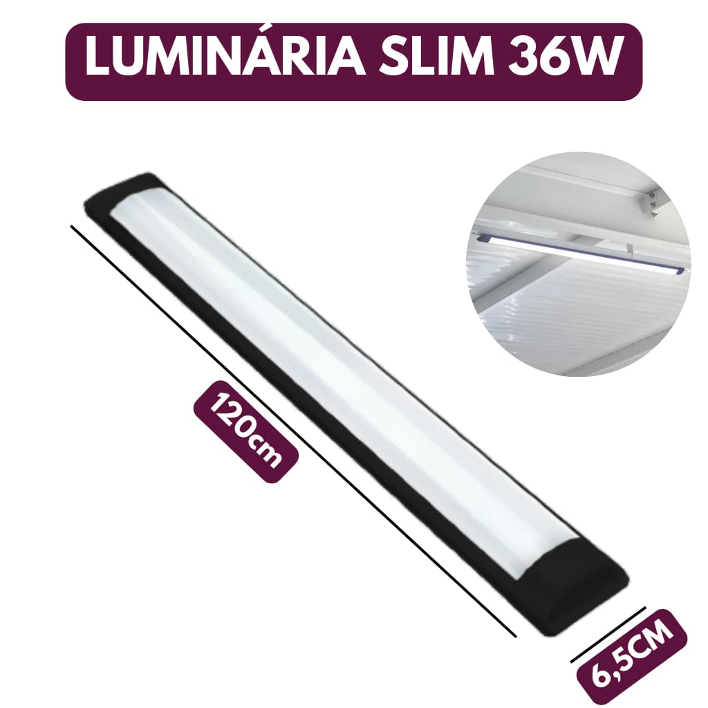 Luminaria Tubular Led Slim 36w 120cm Preto 6500k Branco Frio Bivolt