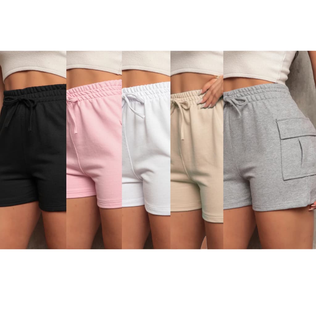 kit 5 Shorts Cargo Feminino curto com bolso lateral moletinho grosso moletom