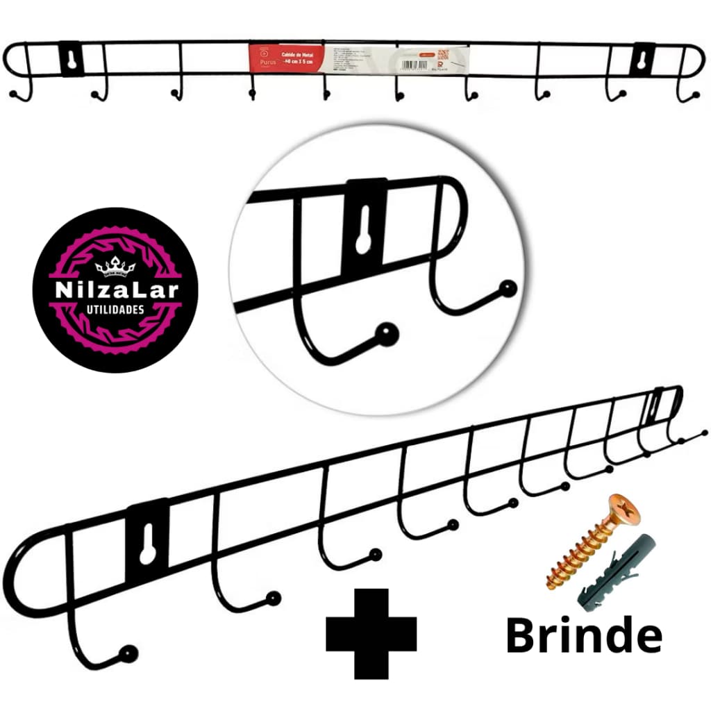 kit de 03 Cabides de 10 Ganchos mais BRINDE de Parafuso e Bucha de 6 mm