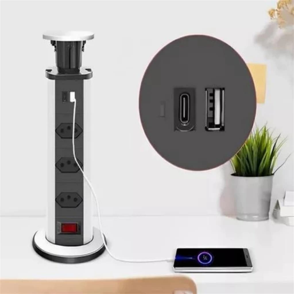 Torre De Tomadas Multiplug com 3 tomadas Usb + Usb C de Embutir Mesa Bancada escritorio