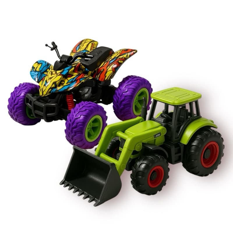 Kit 2 Brinquedos em Miniatura Trator e Moto Monster Truck Quadriciclo A Fricção