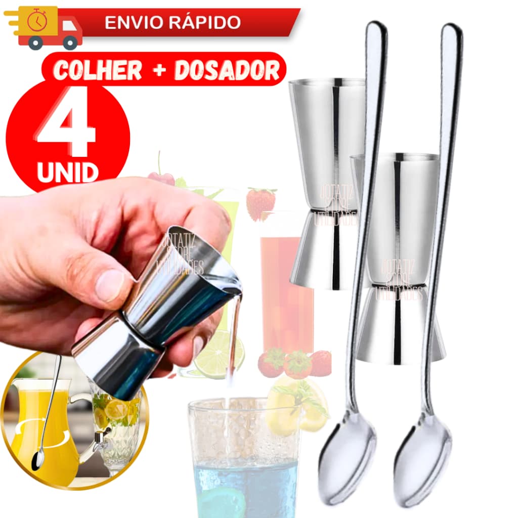 Kit Dosador Medidor Duplo Para Bebidas + Colher Bailarina Para Mexer Suco Drinks Bebidas Licor Jigger Gadgets Barmen