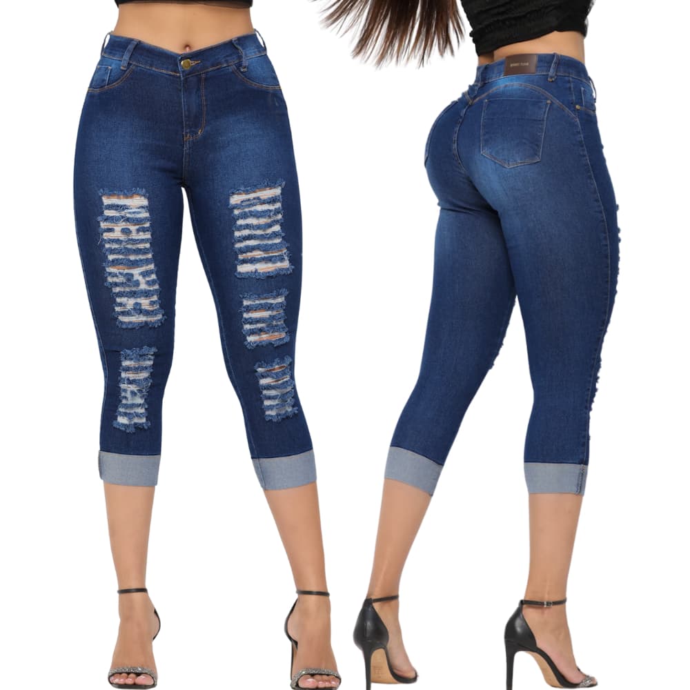 Calça Jeans Feminina Modelo Capri  Cos Alto Detalhe Rasgadinha