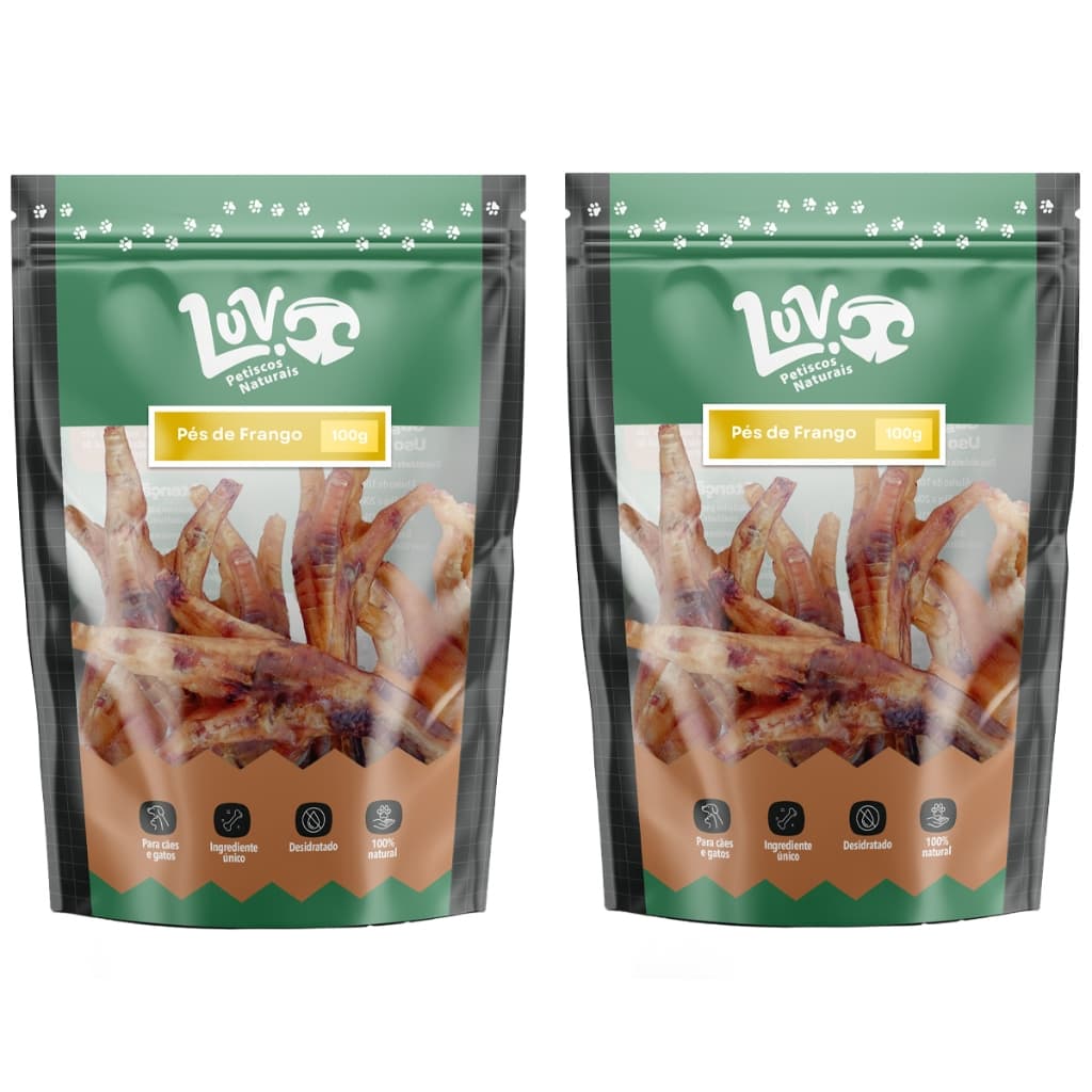Petisco Natural Cães Pés de Frango Desidratado 100g LUV Petiscos 100% Naturais Cachorro 2 Pacotes