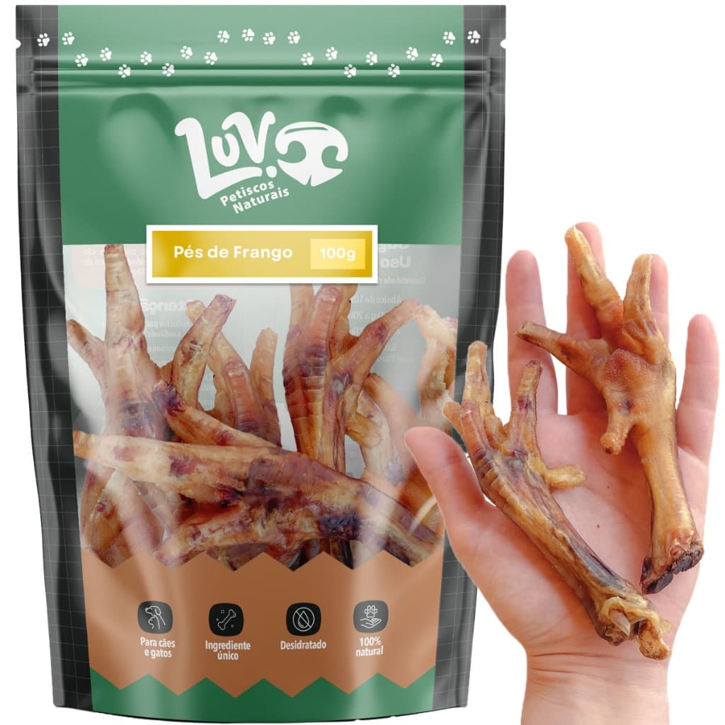 Petisco Natural Cães Pés de Frango Desidratado 100g LUV Petiscos 100% Naturais Cachorro