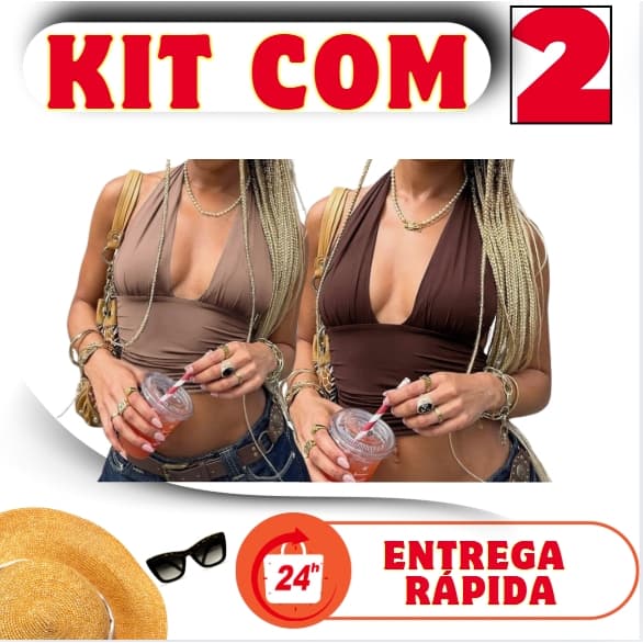 KIT 2 TOP DE POLIAMIDA FRENTE ÚNICA COM DETALHE FRANZIDO