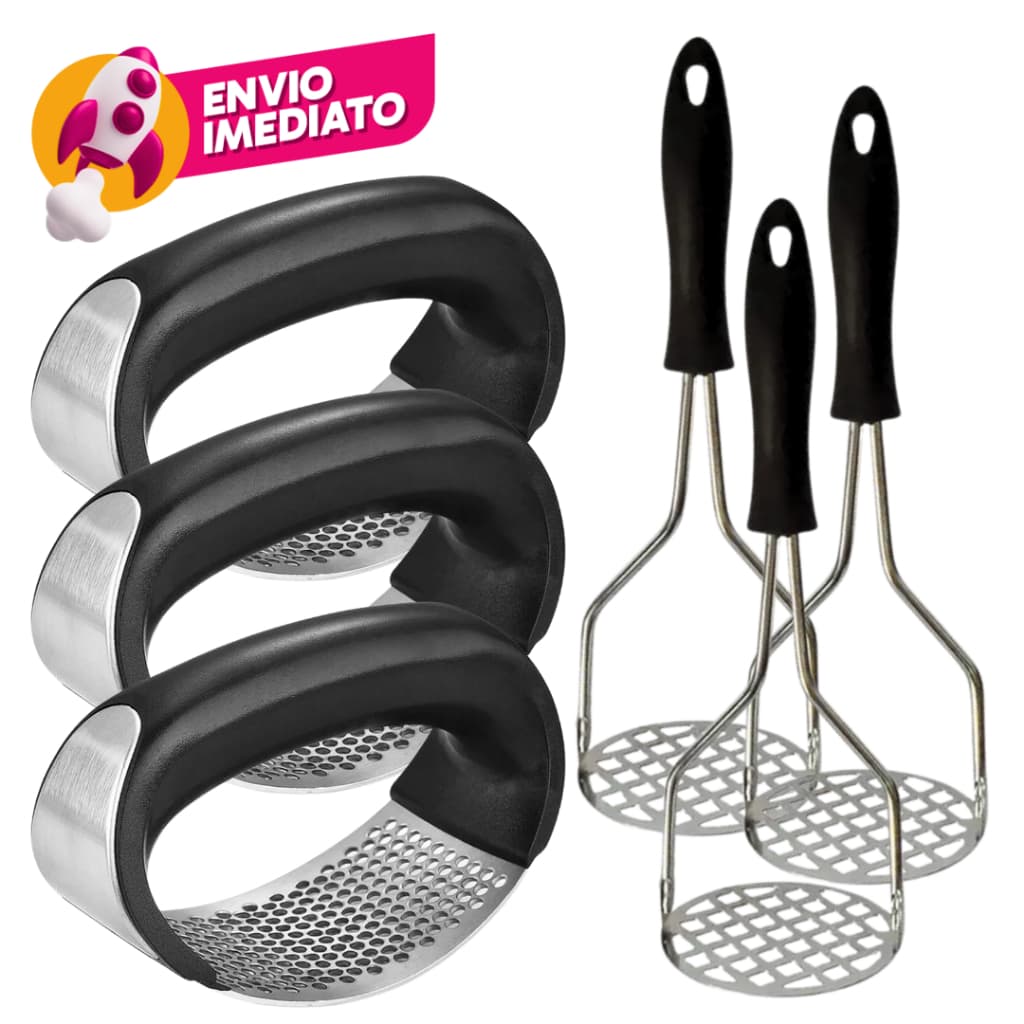 Kit Amassador Espremedor Triturador Alho E Amassador Batatas Inox Esmagador Manual C/02, 04 Ou 06Un