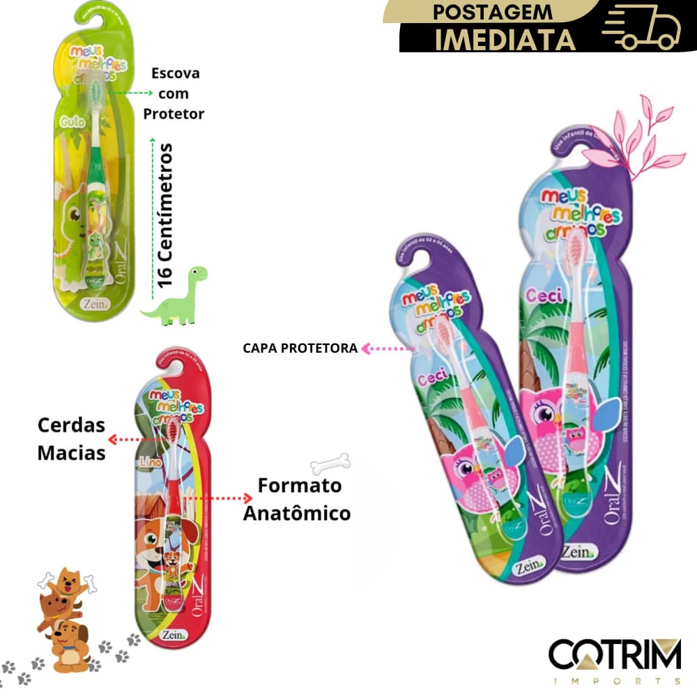 Escova de Dentes para Crianças Cerdas macias Unicornio, Cachorro, Dinossauro e Coruja