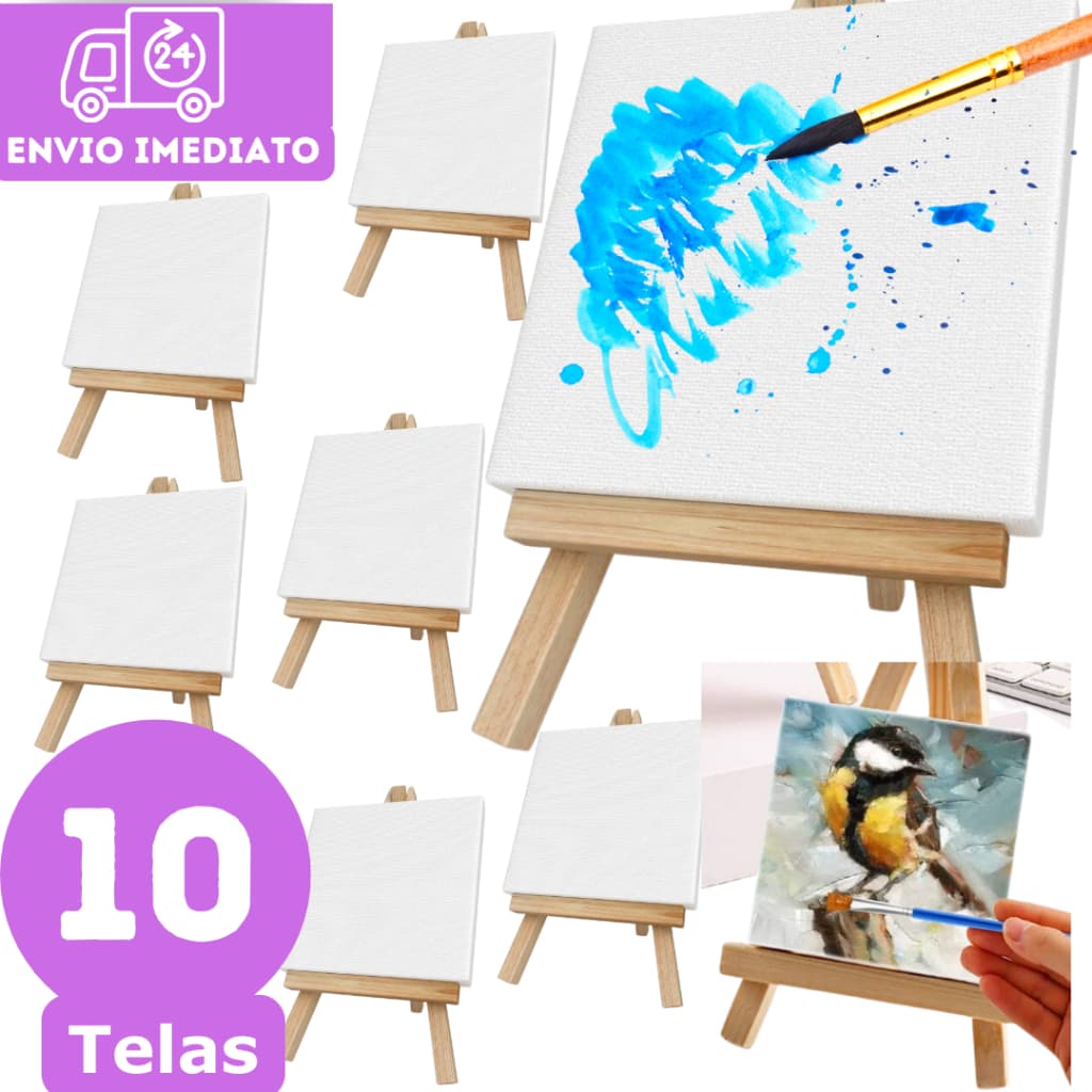 Kit 10 Mini Tripé Cavalete com Telinha 10x10 cm Artes Artística Pintura em Tela