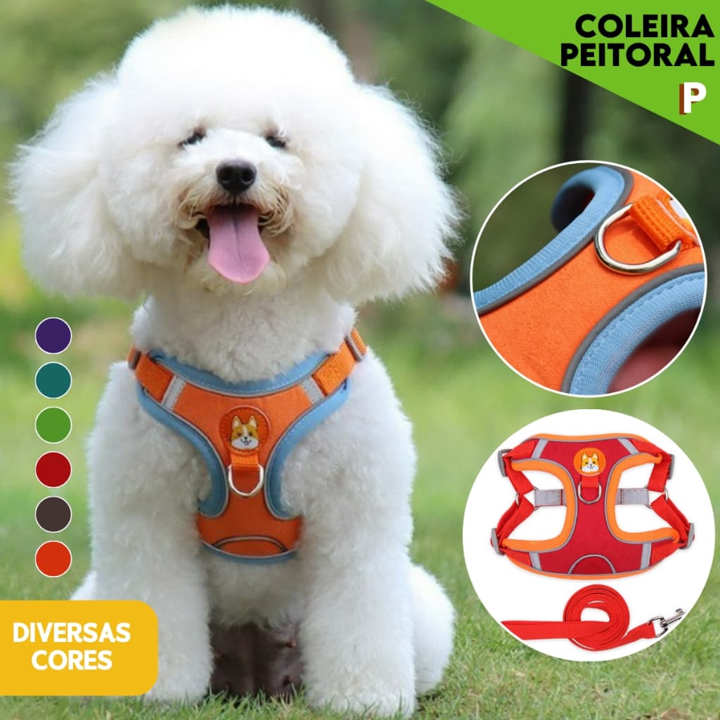 Coleira Peitoral Pet Confortável + Guia 1,5m | Passeios Sem Puxões | Para Cães e Gatos Mazzal