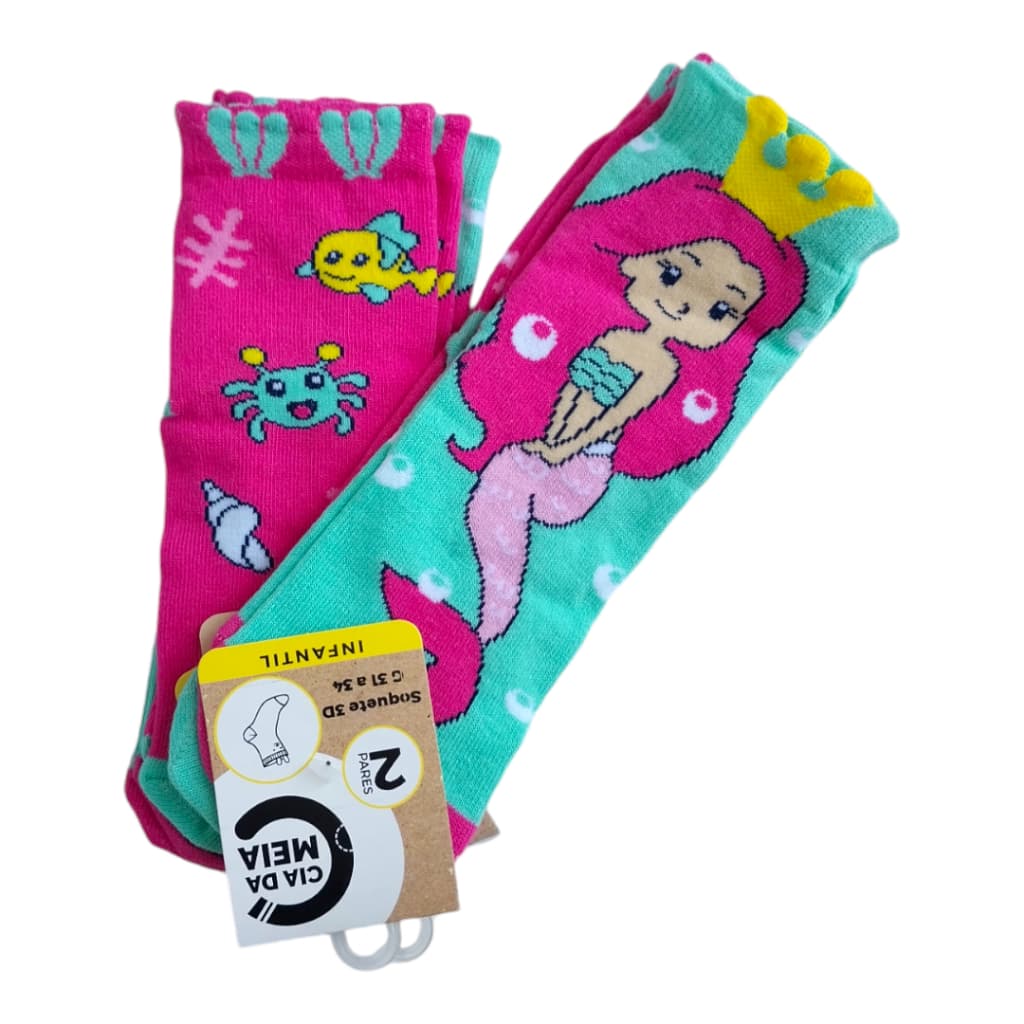 Kit 2 Pares Meia Infantil Divertida Soquete 3D Sereia Tubarão Foguete Raposa