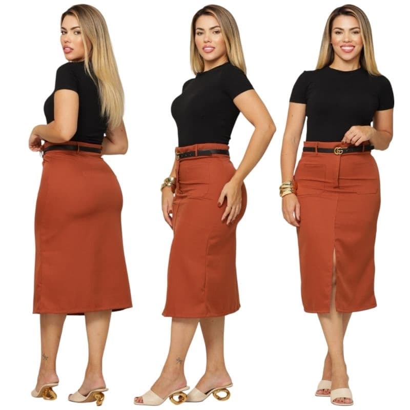 Saia Midi Alfaiataria Bolso Frontal Moda Evangélica Elegante Versátil Para Festa..marom