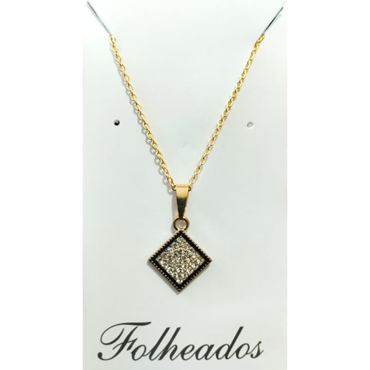 Colar Folheado Dourado com Pingente Losango Cravejado