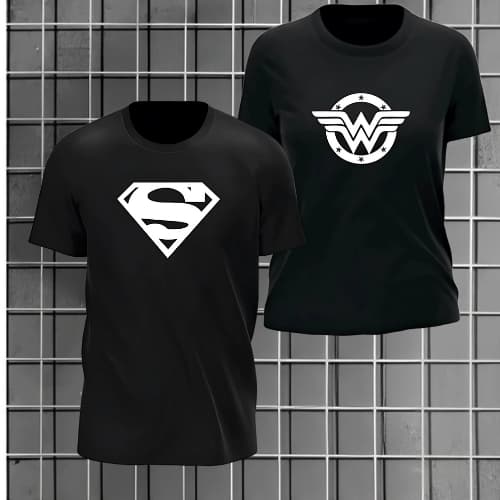 KIT Casal 2 Camisetas Superman Mulher Maravilha Camisa Masculina Feminina Blusa100% Algodão