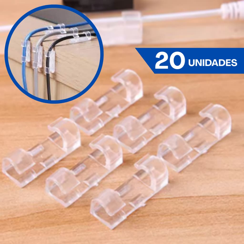 Kit 20 Prendedor Organizador De Fios e Cabos Para Organização Fixa Acompanha Fita Dupla Face Clips Passa Fio Plástico