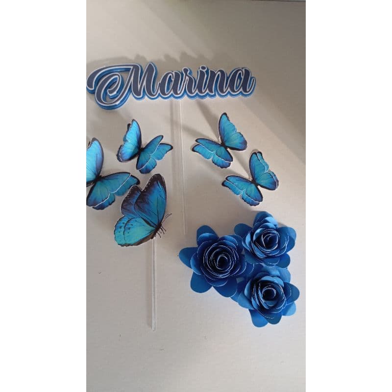 Topo Topper de Bolo Borboleta Personalizado com Flores azul