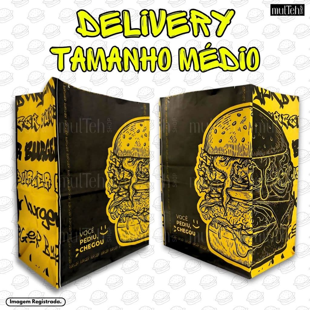 Saco Para Delivery Kraft SOS Médio 26x19x12 50 e 100 UN Preto Amarelo