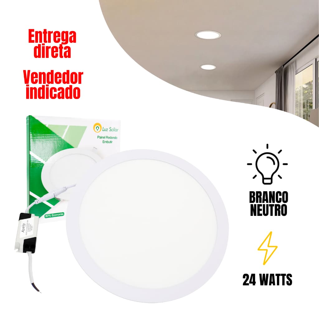 Painel Plafon Led 24W Redondo Embutir 30 cm Branco Neutro 4000K Bivolt Luminária Teto Gesso