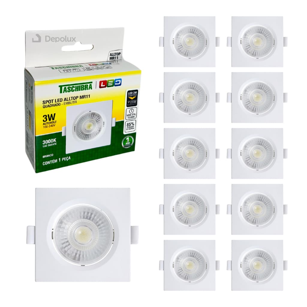 Kit 12 Spot LED 3w Embutir Alltop Luminária Teto Quadrado MR16 Bivolt Iluminação