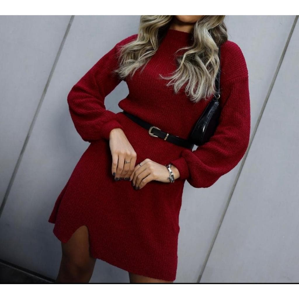 Vestido Mousse Tricot Inverno Elegante Tendência Fenda na Lateral Frio Moda
