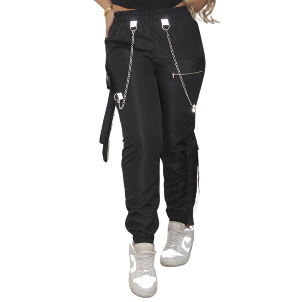 CALÇA CARGO JOGGER FEMININA LONGA COR PRETO ESTILOSSA COM DUAS CORRENTES EM TECIDO FINO