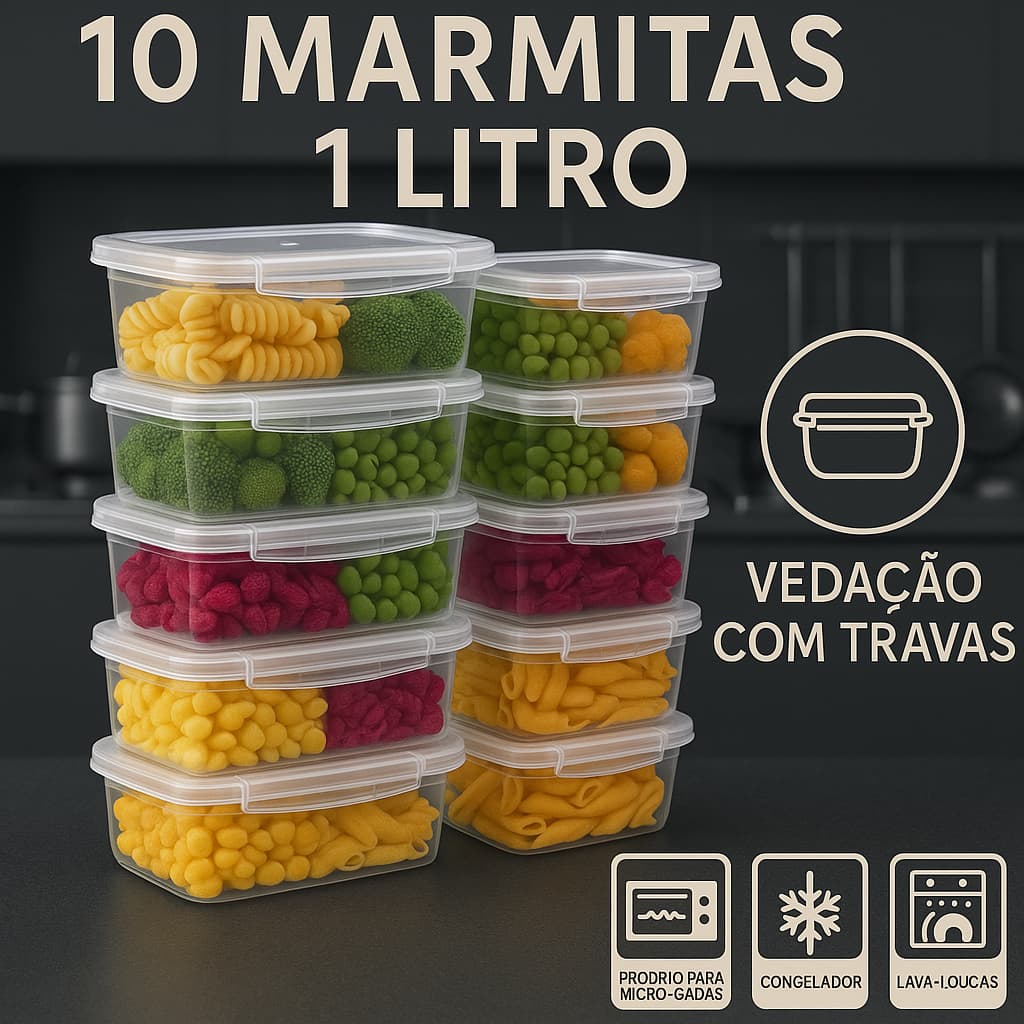 Kit 10 Marmita Potes 1000ml com Travas Laterais BPA FREE Alimentos organizadores de congelador