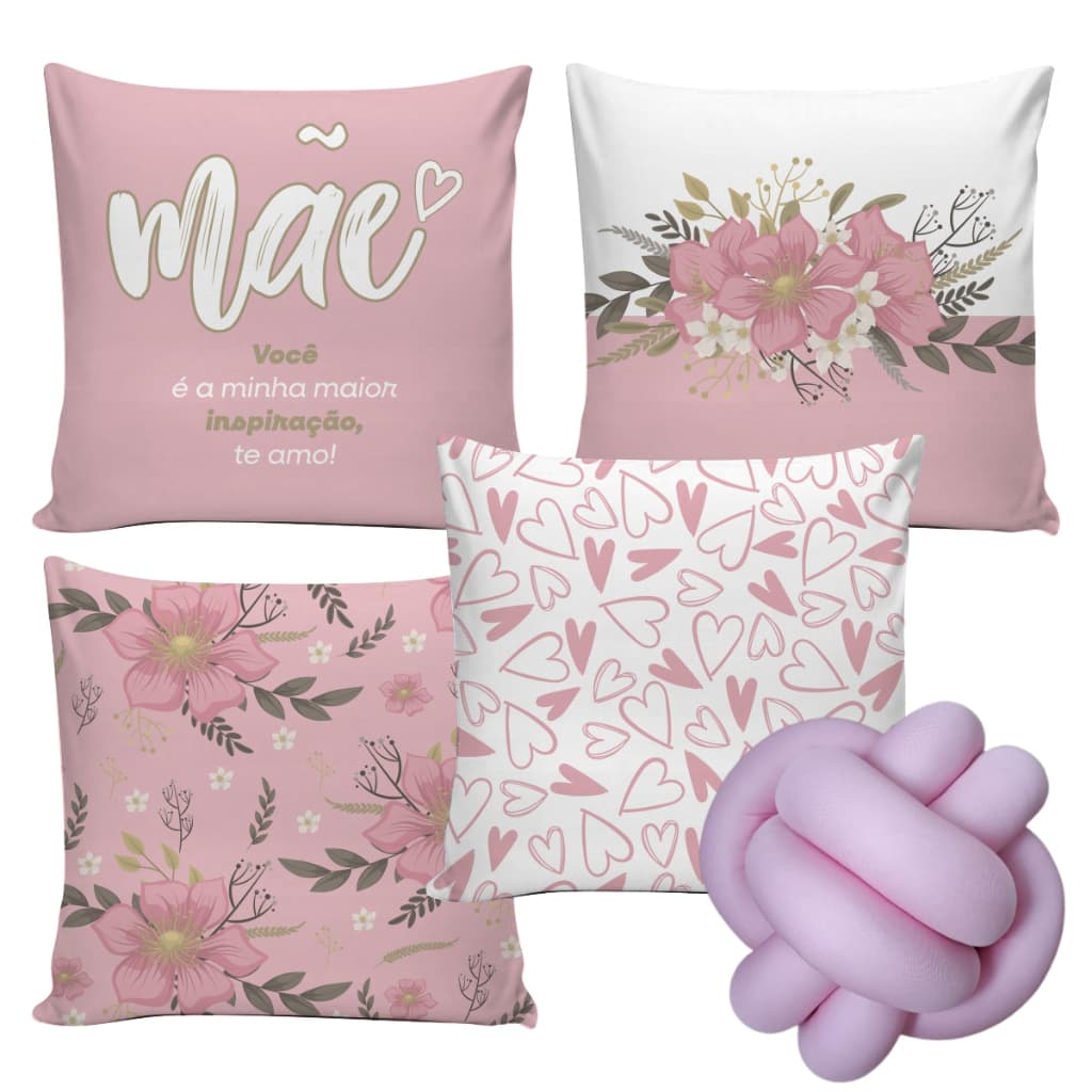 Kit 04 Capas de Almofadas Decorativas presente dia das mães + 01 Almofada de Nó para Quarto ou Sala