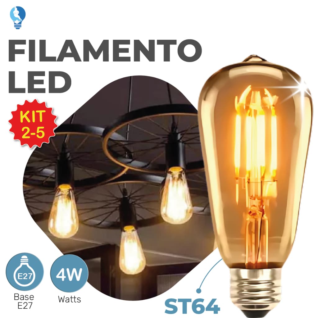 Kit 5 Lâmpada Filamento LED ST64 E27 4W LUZ QUENTE (AMARELO) Âmbar Retrô Vintage 110V~220V | Bivolt