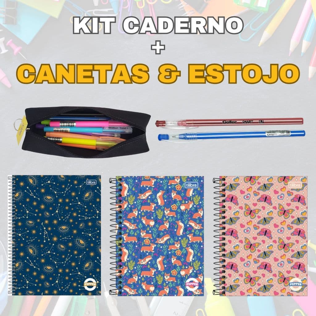 Kit Papelaria Caderno Canetas E Estojo Escola Faculdade Aula