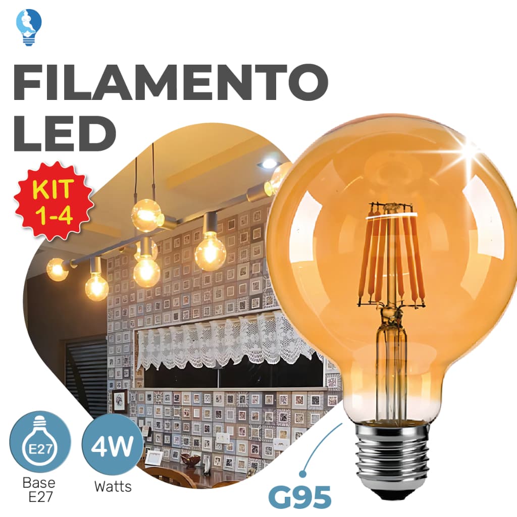 Lâmpada Filamento LED G95 4W E27 LUZ QUENTE (AMARELO) Âmbar Retrô Vintage 110V~220V | Bivolt