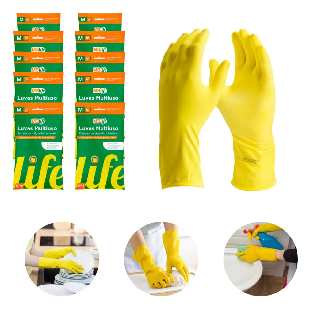 Kit 1 ou 5 ou 10 Prs Luva Látex Amarela Forrada Multiuso Limpeza Louça