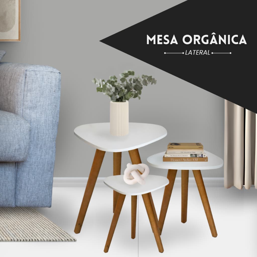Kit Trio de Mesinhas Lateral Sala Pé Palito Retro Tampo Orgânico