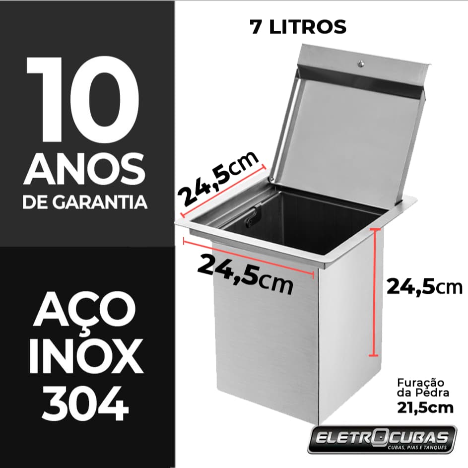 Lixeira Quadrada Pia Cozinha Embutir 7 L Inox 304 Escovado