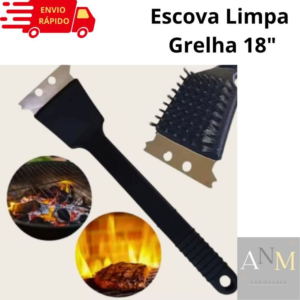 Escova Limpa Grelha 18" Linha Premiun Aço Inox Com Raspador Resistente De fácil Utilização.
