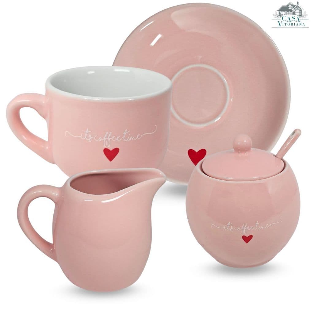 Jogo Completo Para Seu Café Com Jogo de Xicaras 12 Peças, Açucareiro e Leiteira Rosa Claro