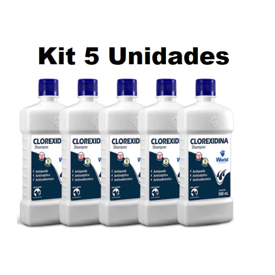 KIT 5 UNIDADES SHAMPOO CLOREXIDINA 500ML WORLD VETERINARIA CAES E GATOS