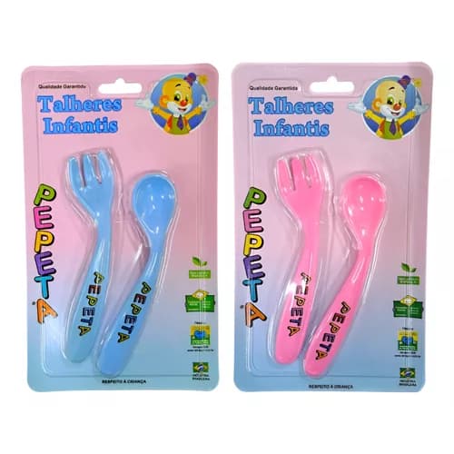 Talheres Bebe Azul e Rosa - Garfo e Colher Treinamento Bebe - Talheres para Papinha - PEPETA