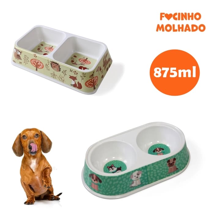 Comedouro e Bebedouro Duplo Melamina 875ml para Cães e Gatos Estampas Sortidas