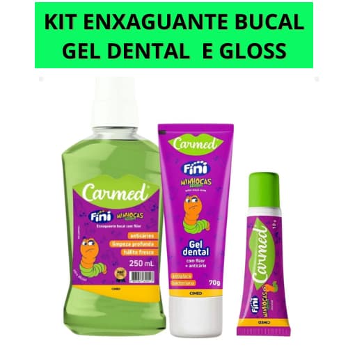 Carmed Fini Minhocas Azedinha: Gel Dental/Enxaguante Bucal/Gloss Hidratante Labial