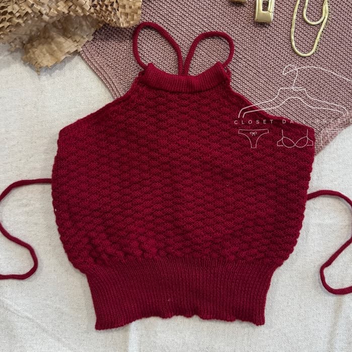 Cropped Tricot Frente Unica Gola Alta Costa Nua Amarração Blusinha Regata Moda Feminina Blogueirinha