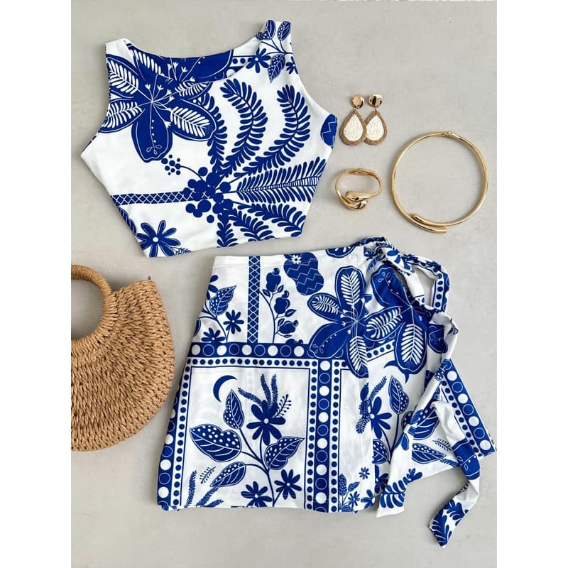 Conjunto Cropped e Short Saia estampado tendência Moda blogueira