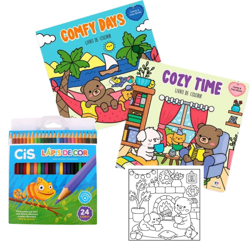 Livro Colorir Infantil + Lápis de Cor 24 Unidades - Kit Pintura Infantil