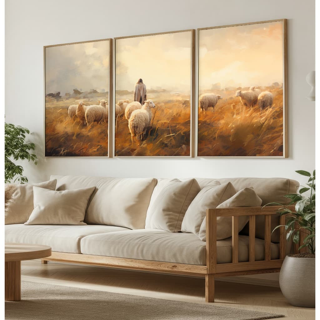 Quadro Jesus Cristo Trio de Quadros Decorativos Com Moldura Sala Quadro Religioso Pastor De Ovelhas